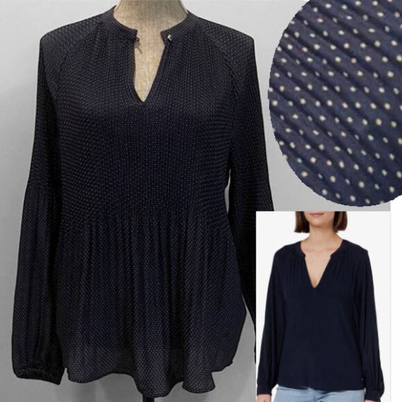 Tommy Hilfiger Navy V-Neck Blouse Pleated Relax Fit Size Small - Picture 1 of 15